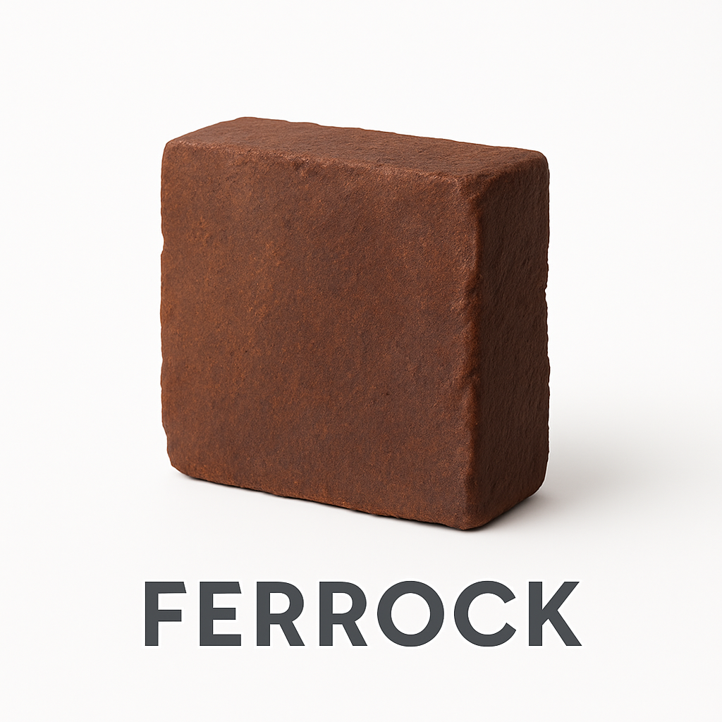 A single Ferrock cement block presented as a sustainable alternative to traditional concrete.