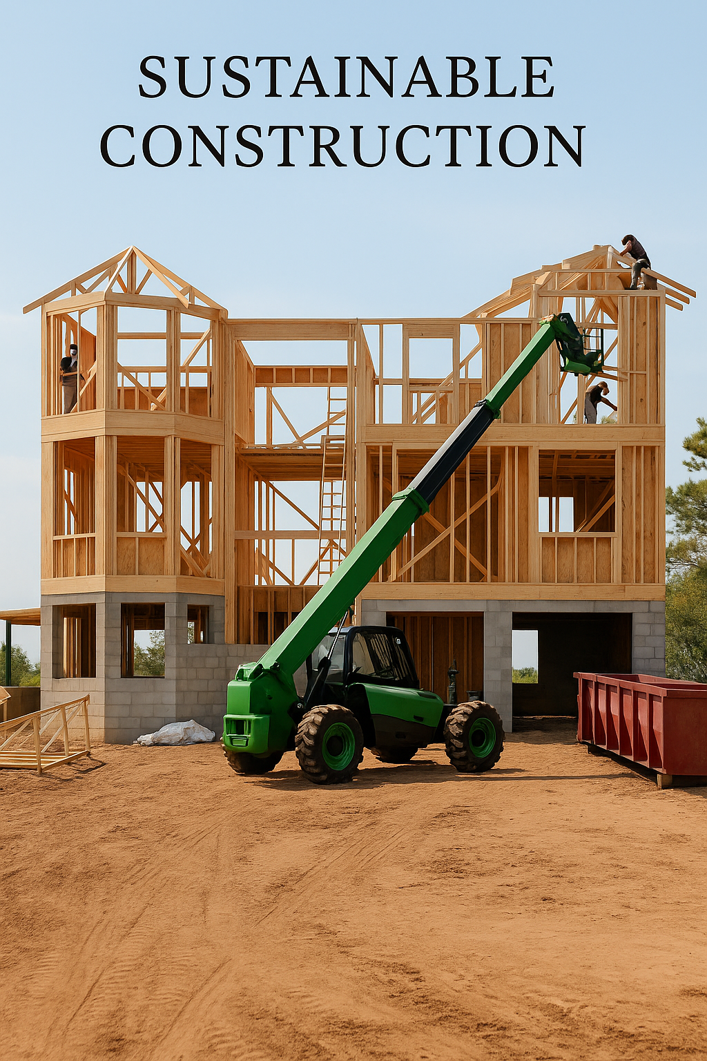 A sustainable two-story home under construction with wood framing.