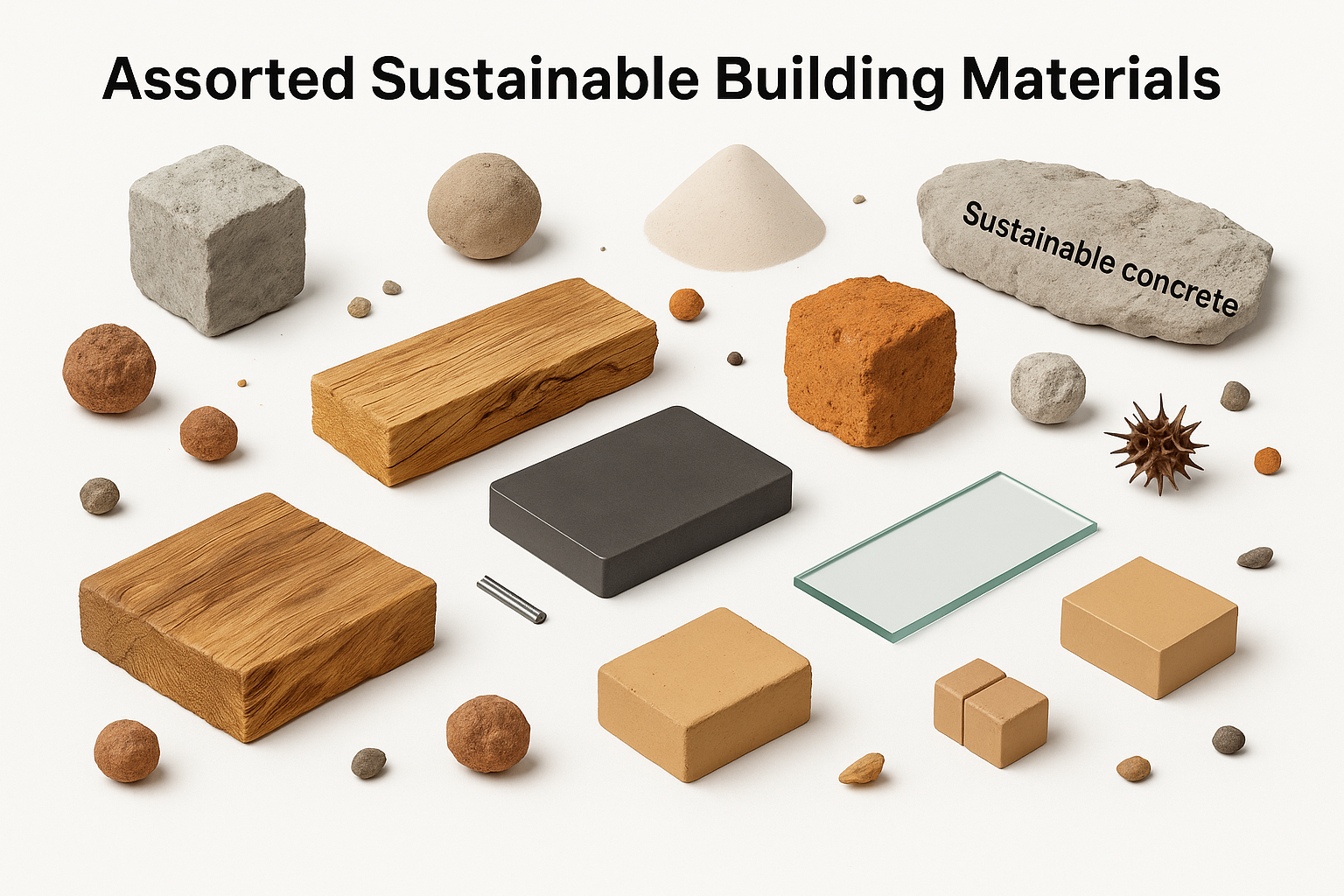 Collection of eco-friendly construction materials.