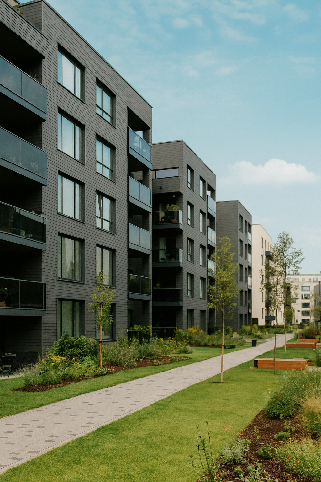 Eco-friendly modern apartment buildings with green landscaping and walking paths.