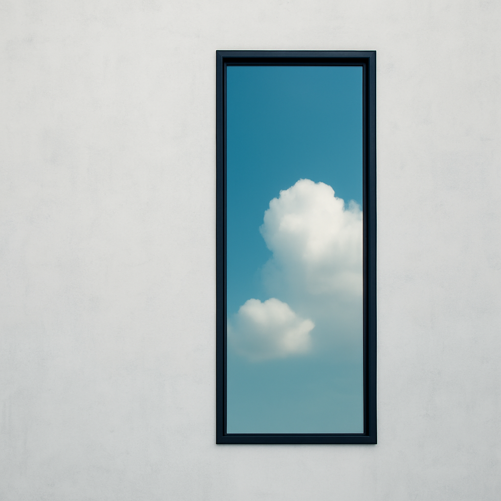 Minimalist building facade with a tall vertical glass window.
