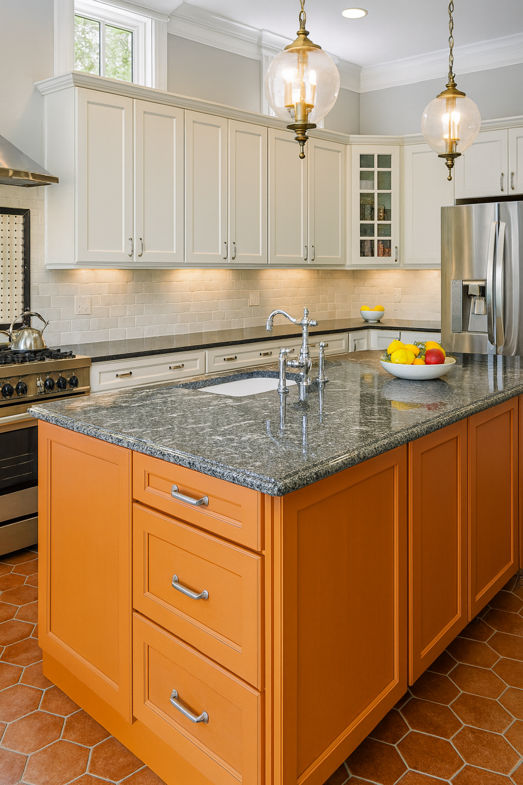 Modern kitchen with cream cabinets, terracotta tile flooring, and muted burnt orange accents.
