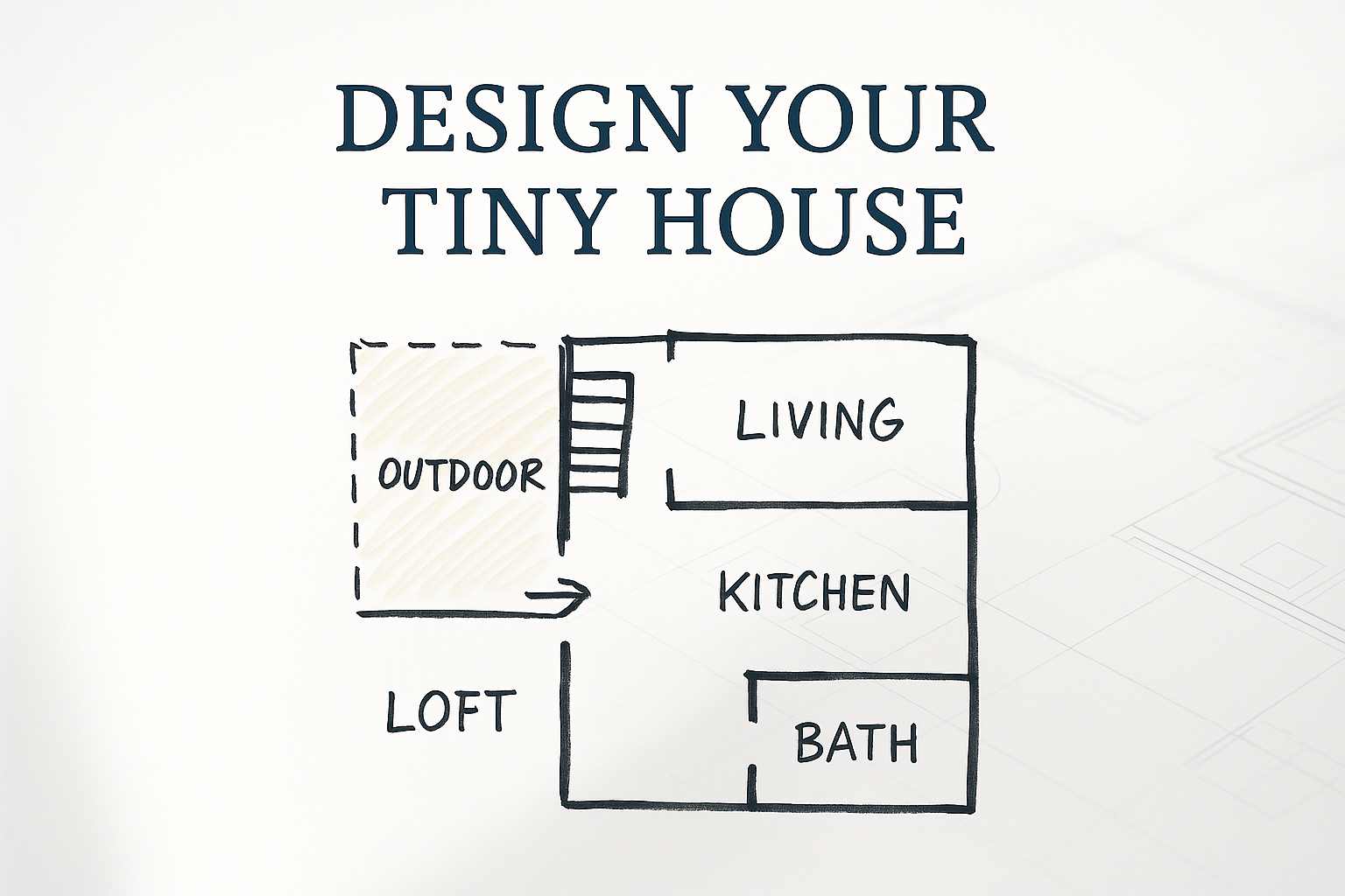 Hand-drawn sketch of a tiny house floor plan with living, kitchen, bath, loft, and outdoor space.