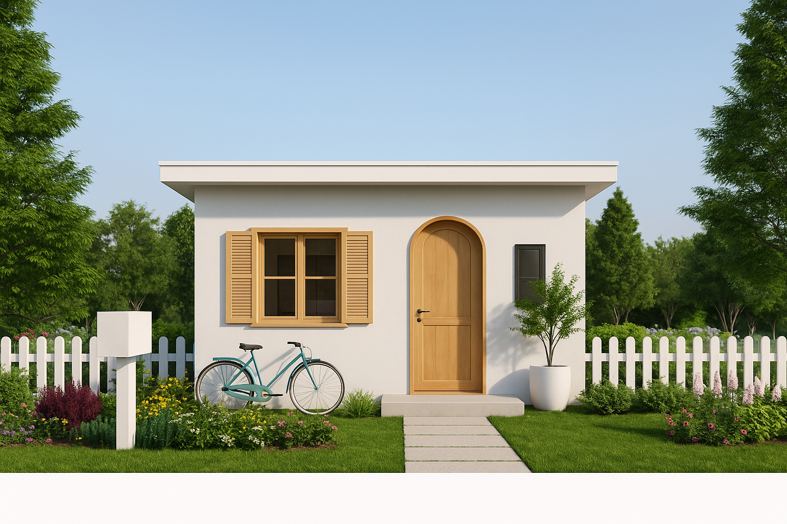 Modern tiny house with yellow front door blending classic and contemporary design.