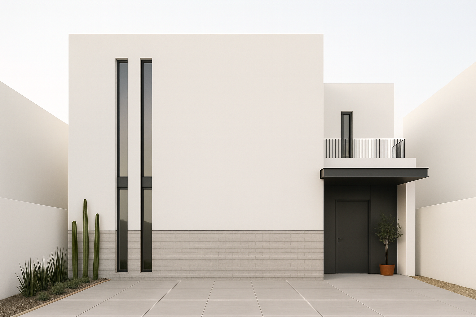 Two-story minimalist tiny house with durable vertical stone cladding, black metal door, and tall vertical windows.