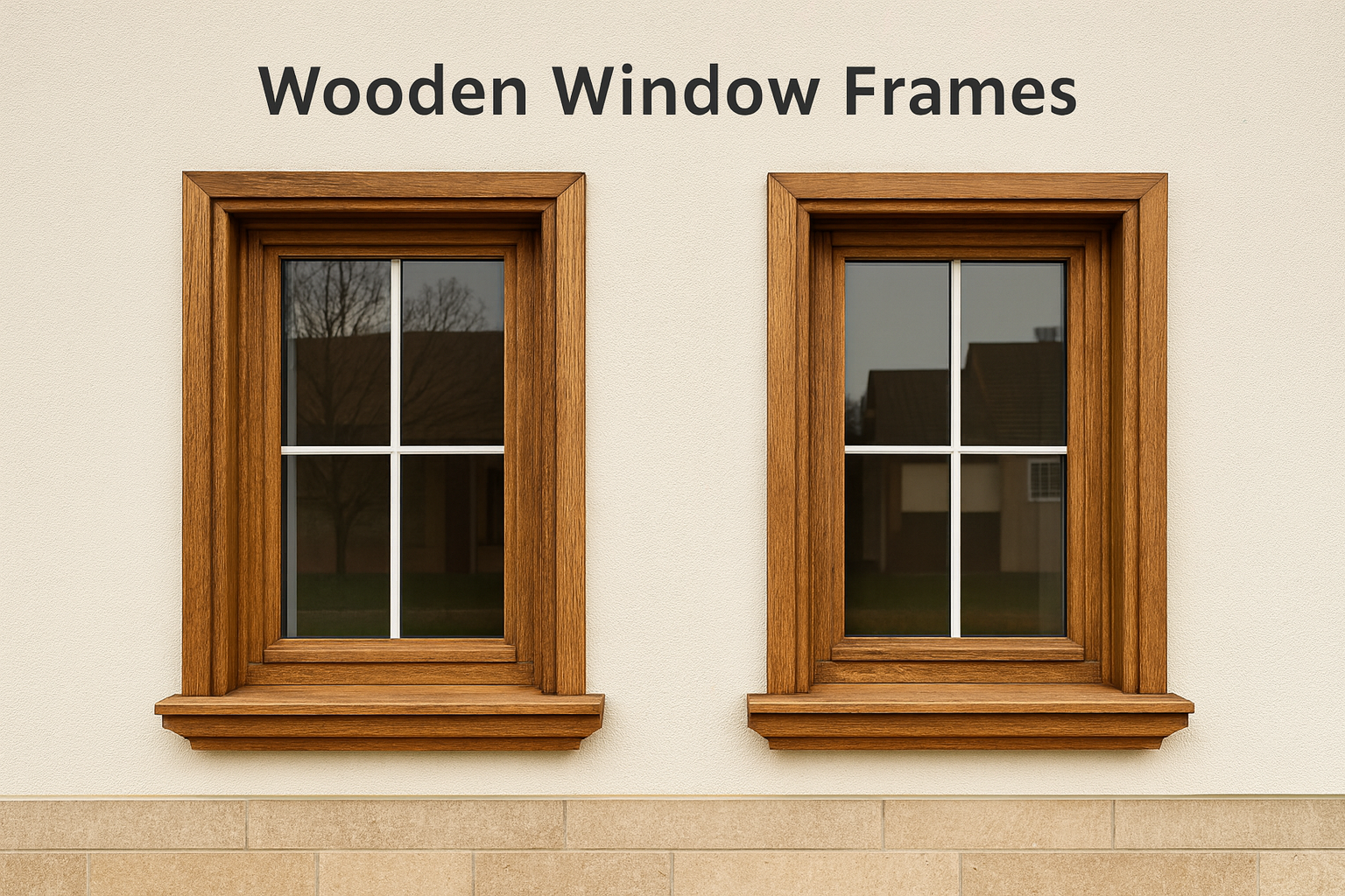 Two modern wooden-framed windows set in a light neutral wall.