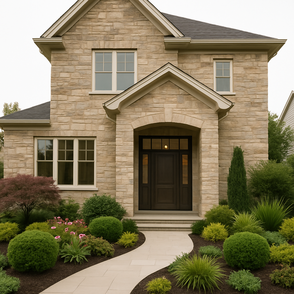 Two-story stone house elevation with centered entryway.