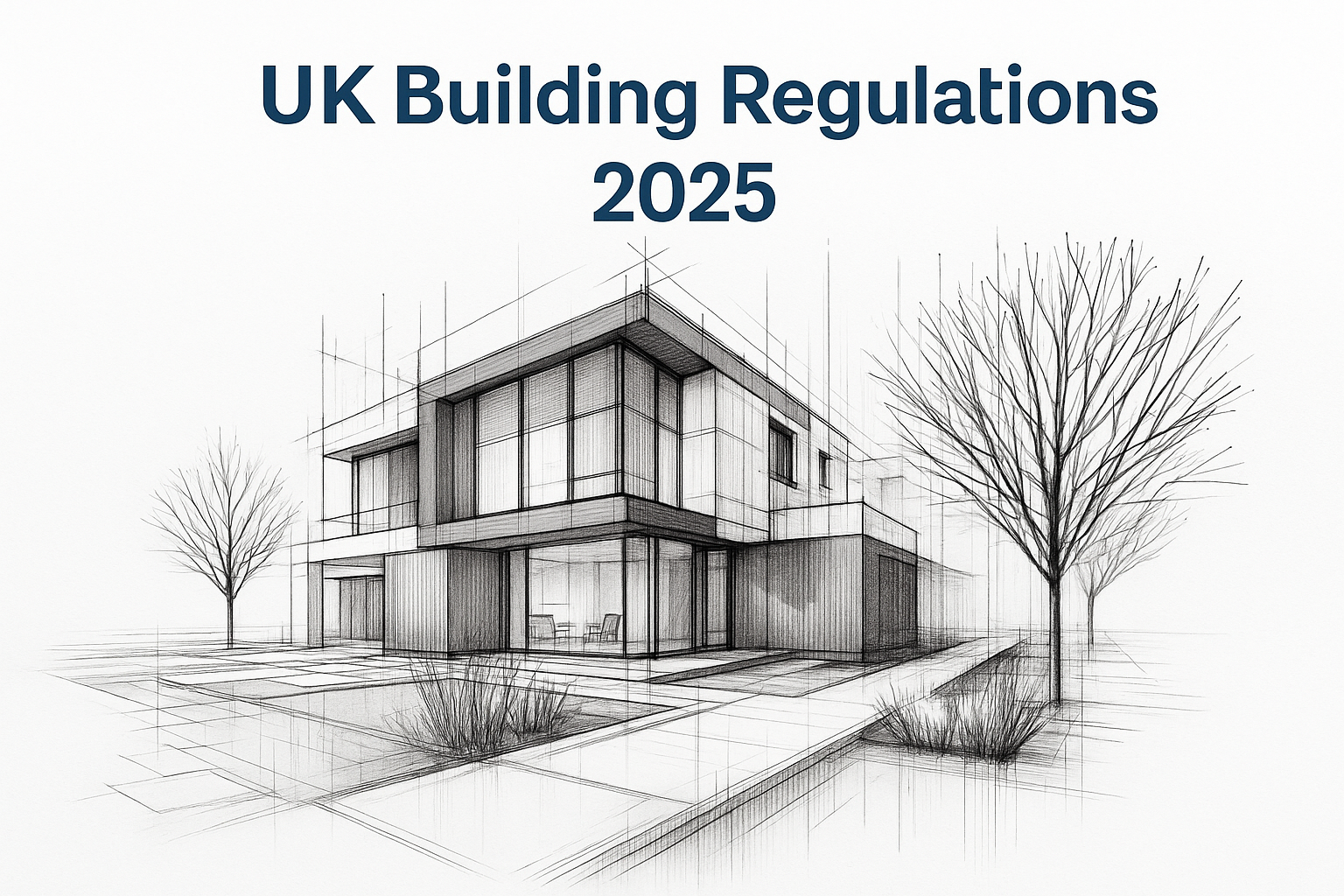 UK Building Regulations cover with modern house sketch.