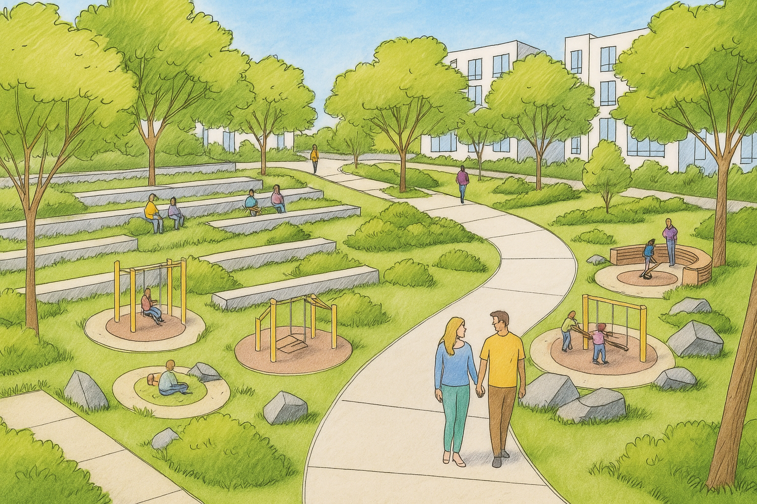 An illustration of an urban park with pathways, trees, seating areas.