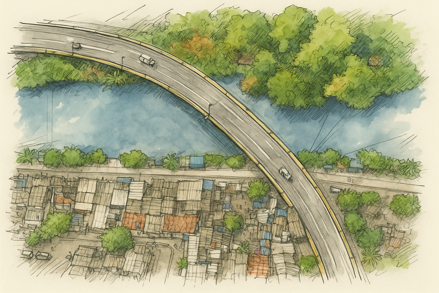 Hand-drawn aerial urban planning sketch with road, river, and housing.