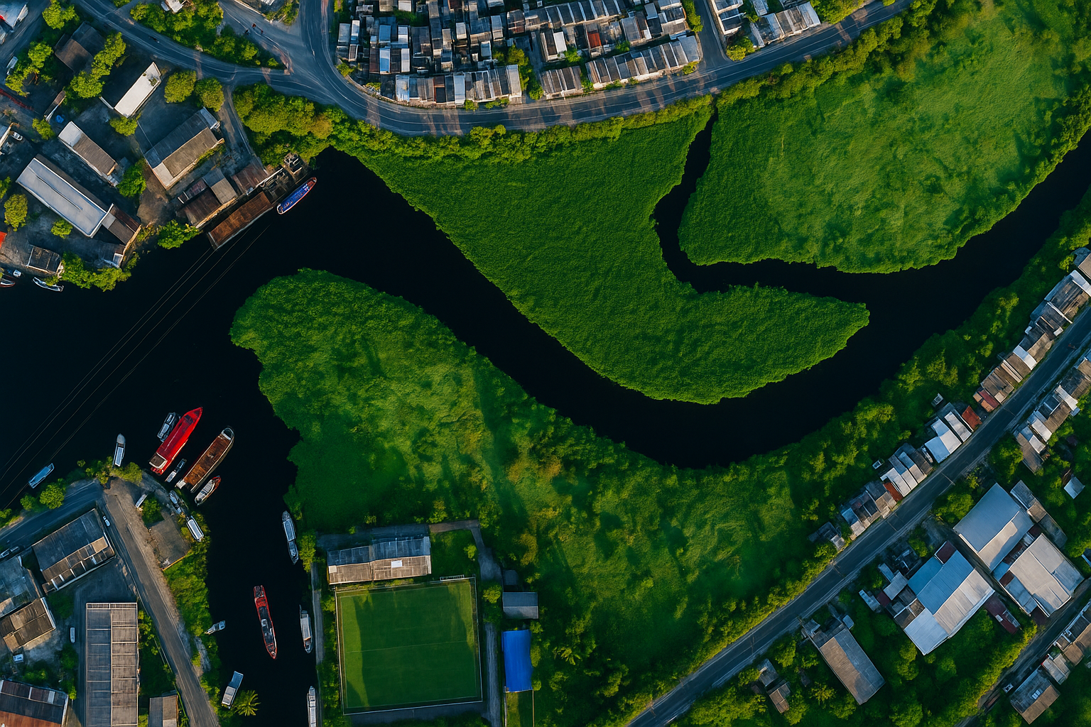 Aerial photo of a redesigned urban river with altered curves, greenery, and surrounding cityscape.