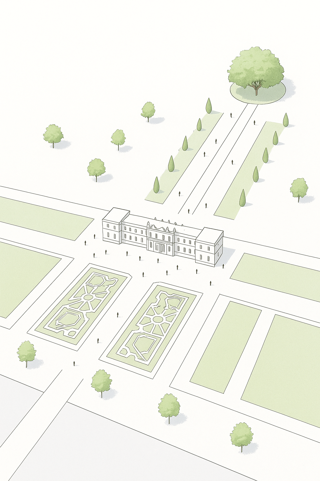 Isometric drawing of Versailles Palace with a strong central axis and formal gardens.