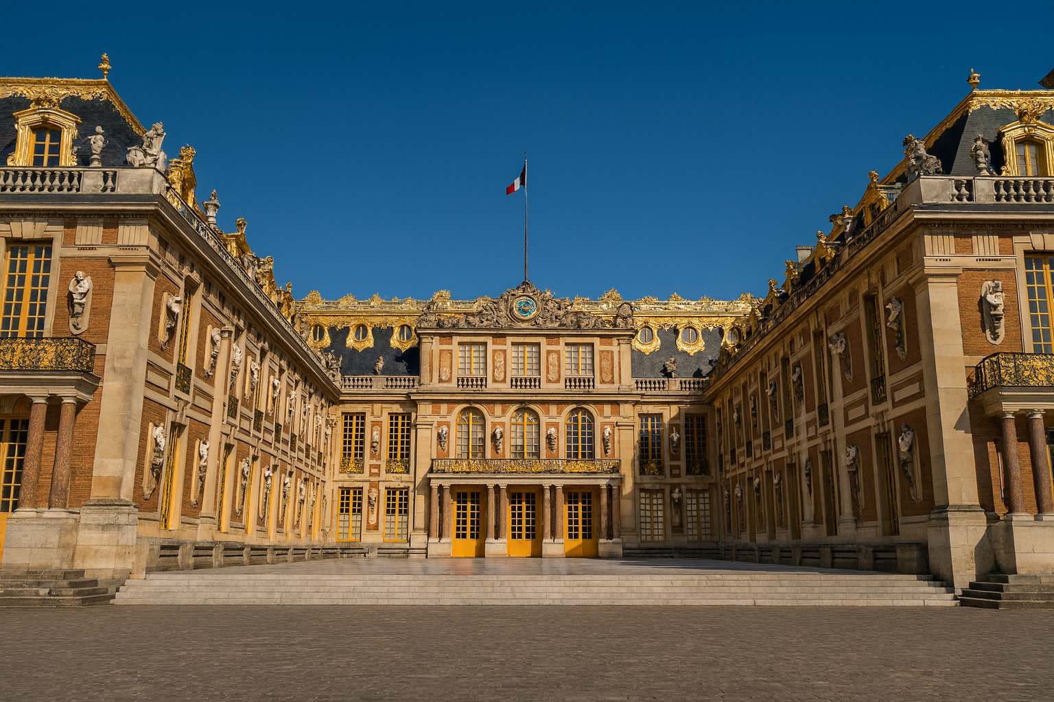 Front view of Versailles Palace courtyard.
