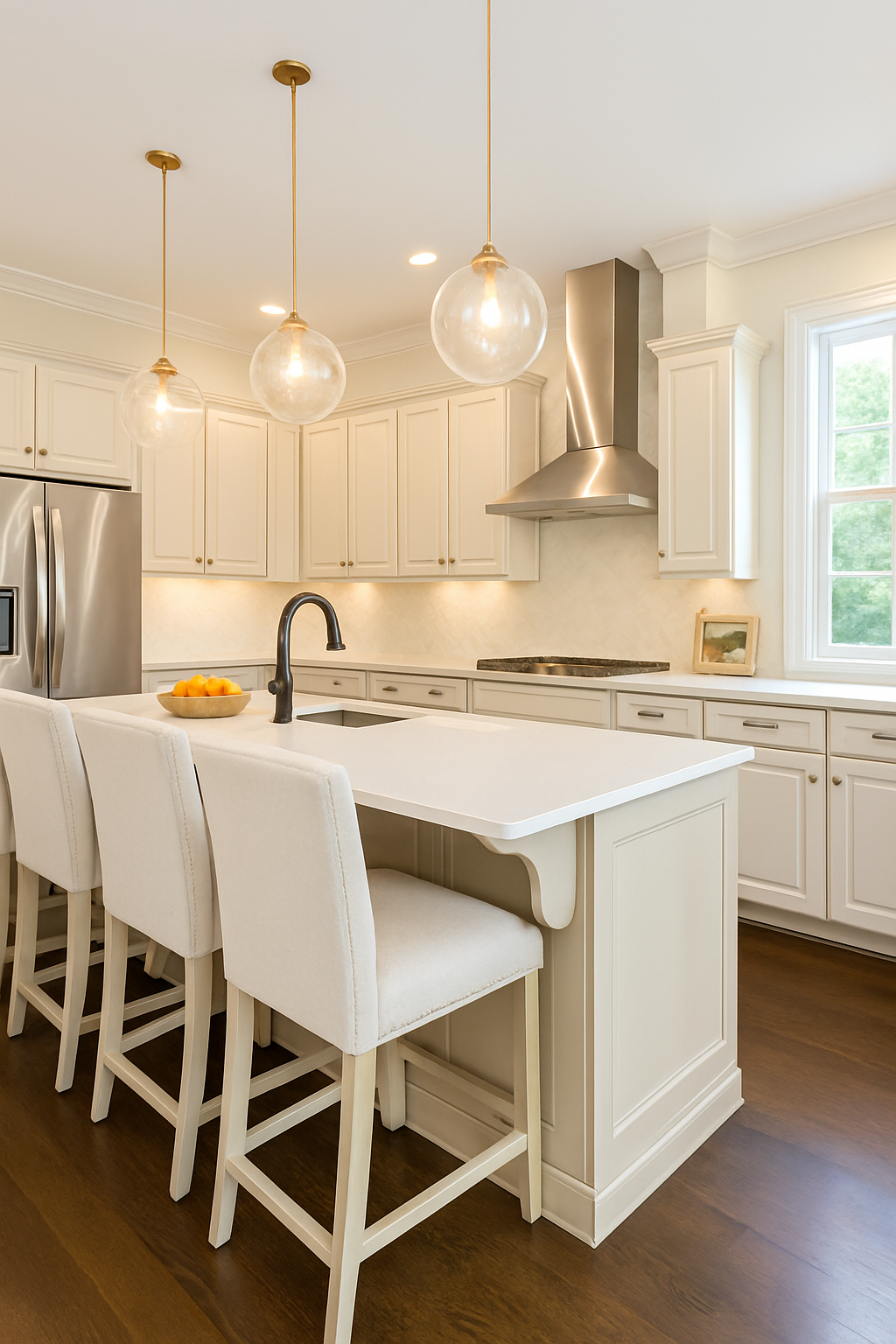 Modern kitchen with warm off-white cabinets, marble counters, and brass accents.
