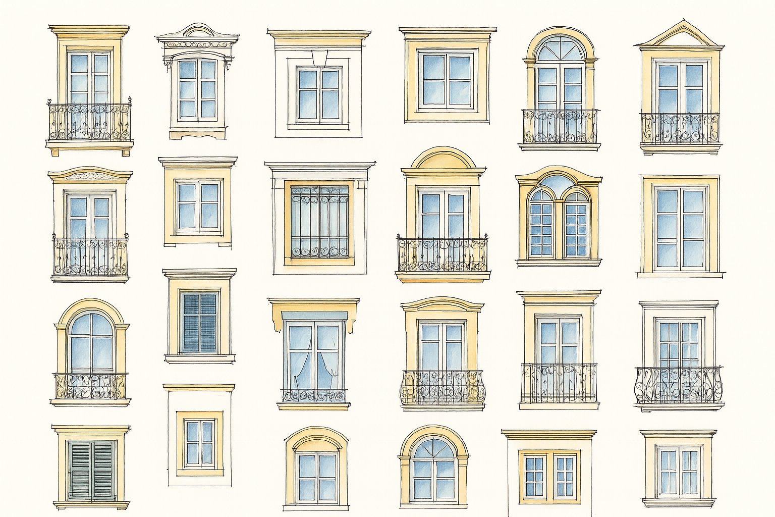 Collection of hand-drawn architectural window sketches.