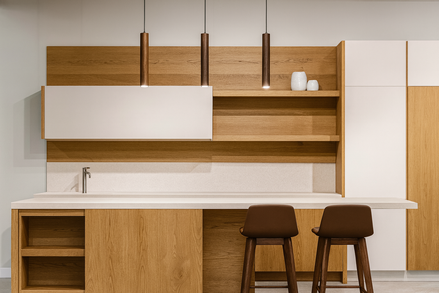 Contemporary wooden kitchen interior with natural wood surfaces.