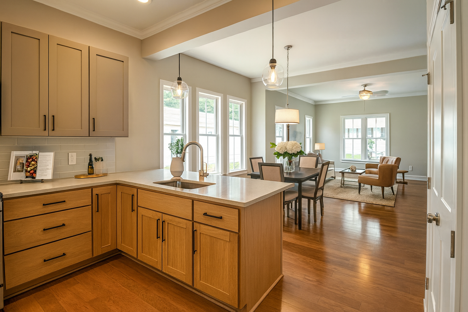 Open kitchen with natural oak lower cabinets, taupe uppers, and stone countertops leading into dining and living area.