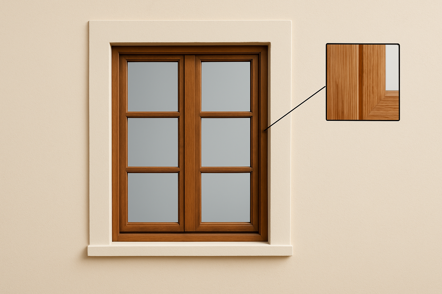 A modern wooden window frame with detailed grain and highlighted corner joint detail.