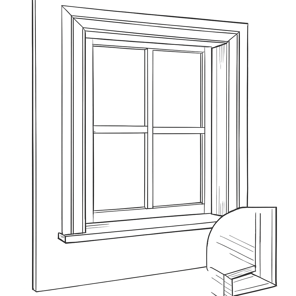 Technical architectural line drawing of a wooden window frame.