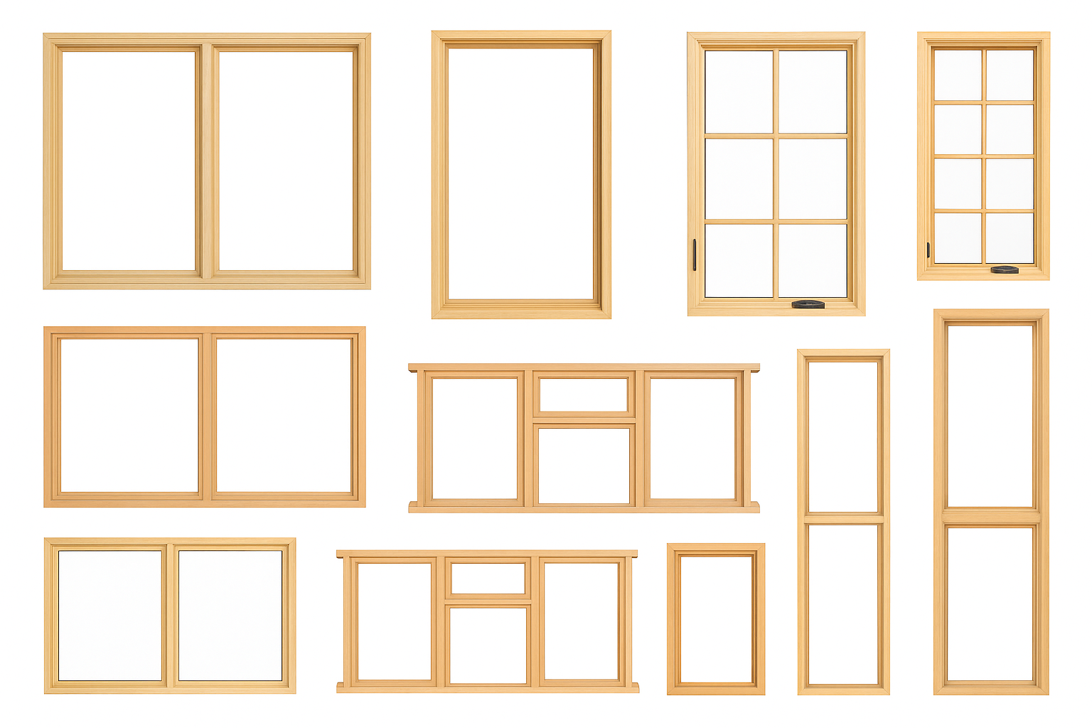 Ten wooden window frames in various designs.