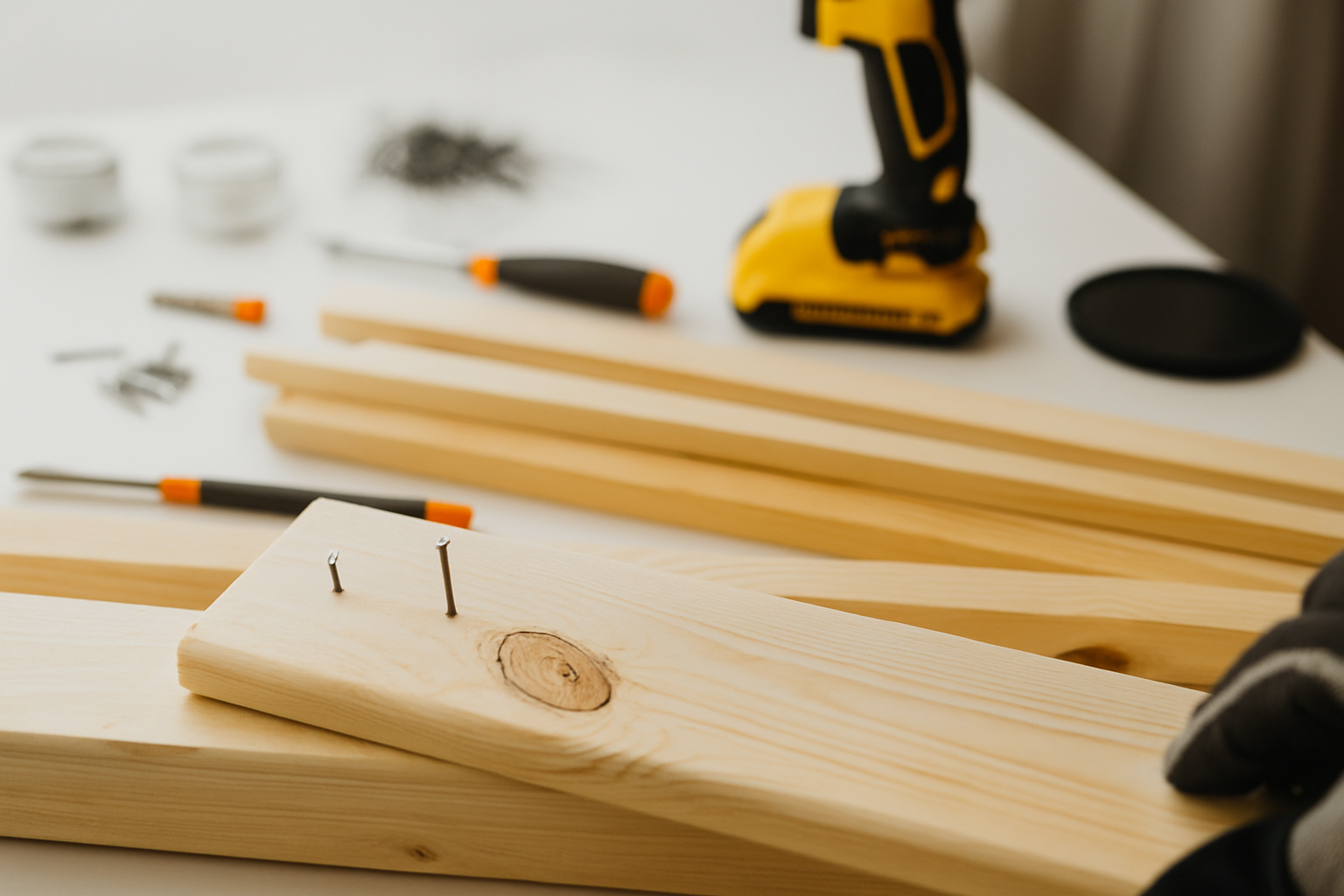 Wooden planks with nails, yellow drill, and hand tools arranged on a workbench.