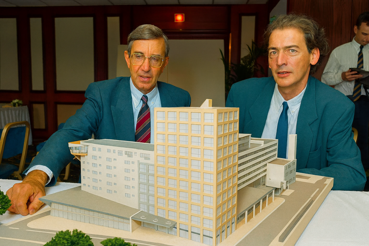 Rem Koolhaas and Mr. Stal (Parkstede BV) reviewing the Byzantium model.