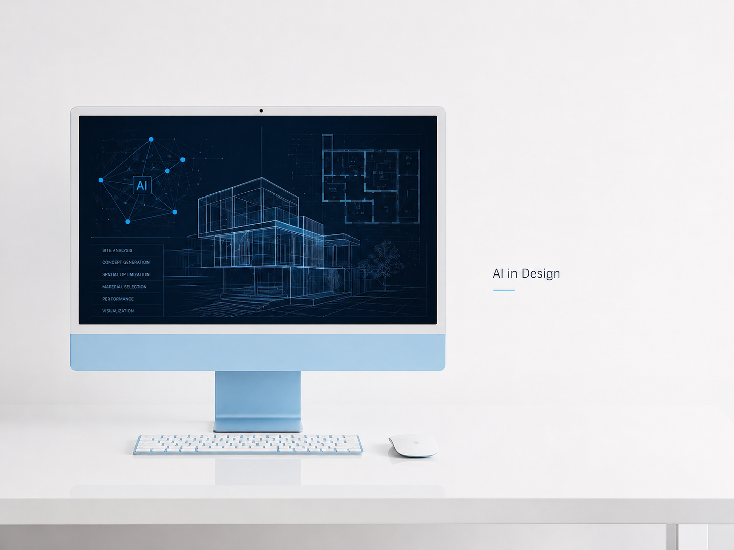 Modern Apple iMac on bright white desk showing AI design interface in minimalist workspace.