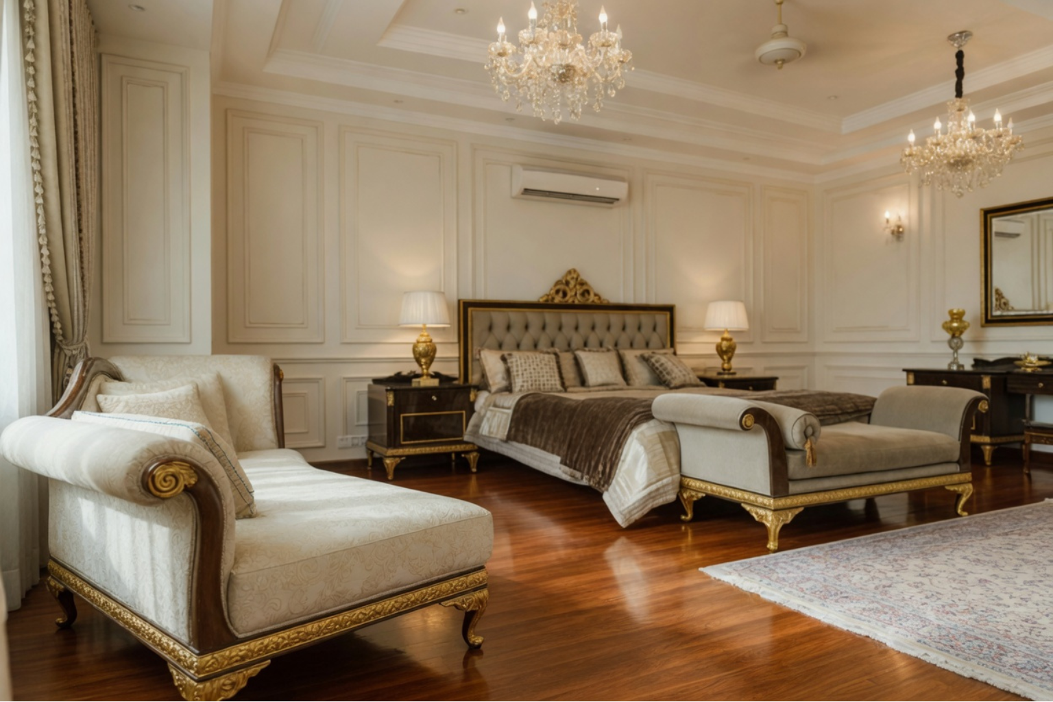 Sophisticated American-style bedroom showcasing craftsmanship through carved furnishings, silk drapery, and polished wood floors.