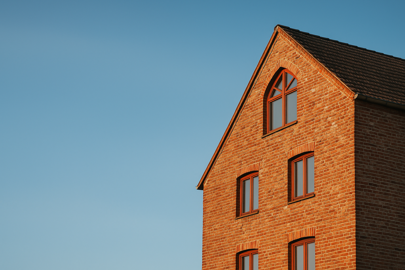 Traditional-style home made from older reclaimed red bricks.