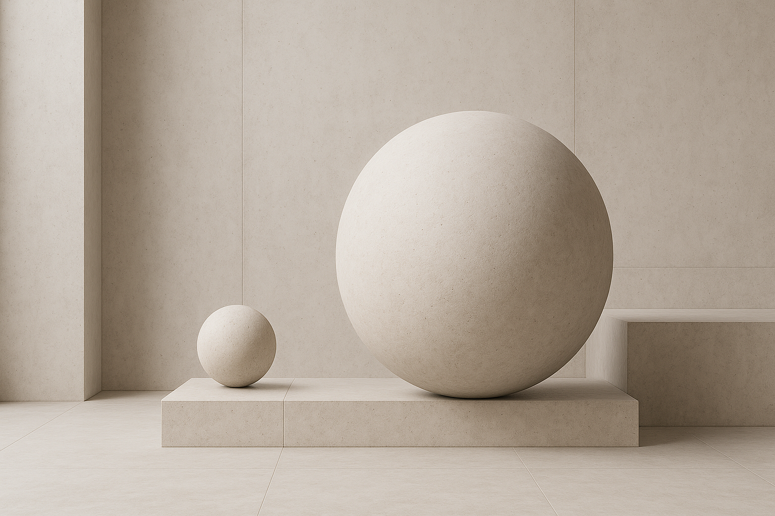 Two concrete spheres in minimalist modern space symbolizing balance in architecture.