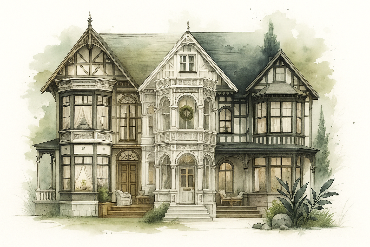 Architectural illustration of a traditional-style home with natural materials, and clean geometry.