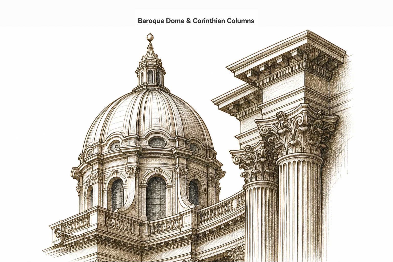 Baroque design elements shown in an architectural sketch with curved forms, deep cornices, ornate plasterwork, and Corinthian columns.