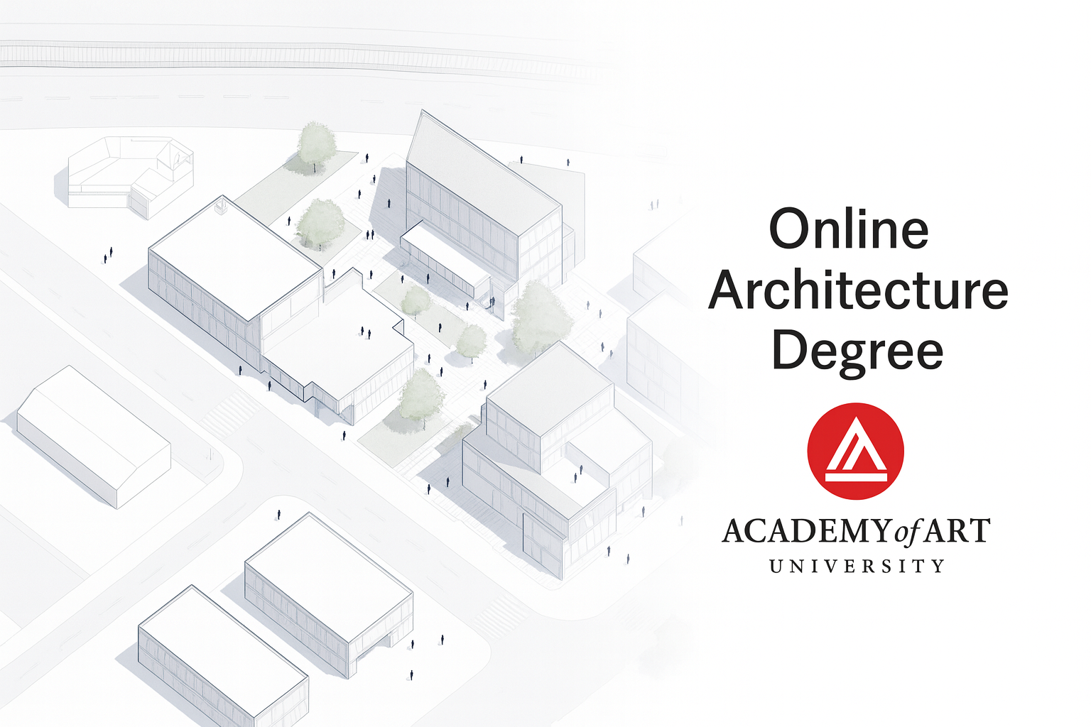 Aerial architectural illustration of an urban masterplan with green roofs and the Academy of Art University logo integrated into the layout.
