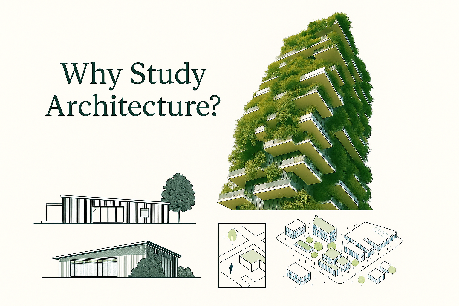 Infographic showing architecture study, highlighting skills development, design thinking, and spatial awareness.