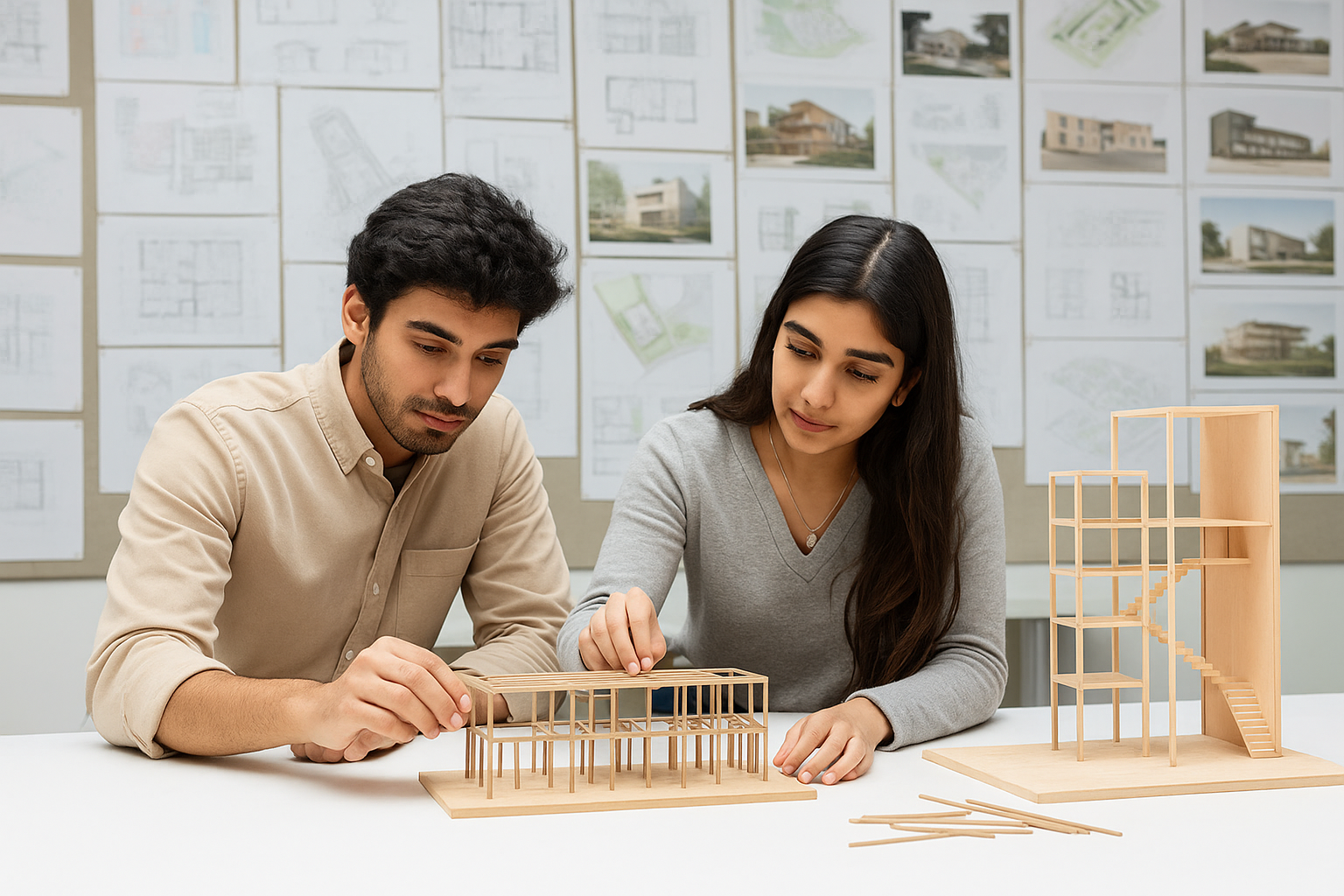 Two architecture students working on original scale models in a bright studio.