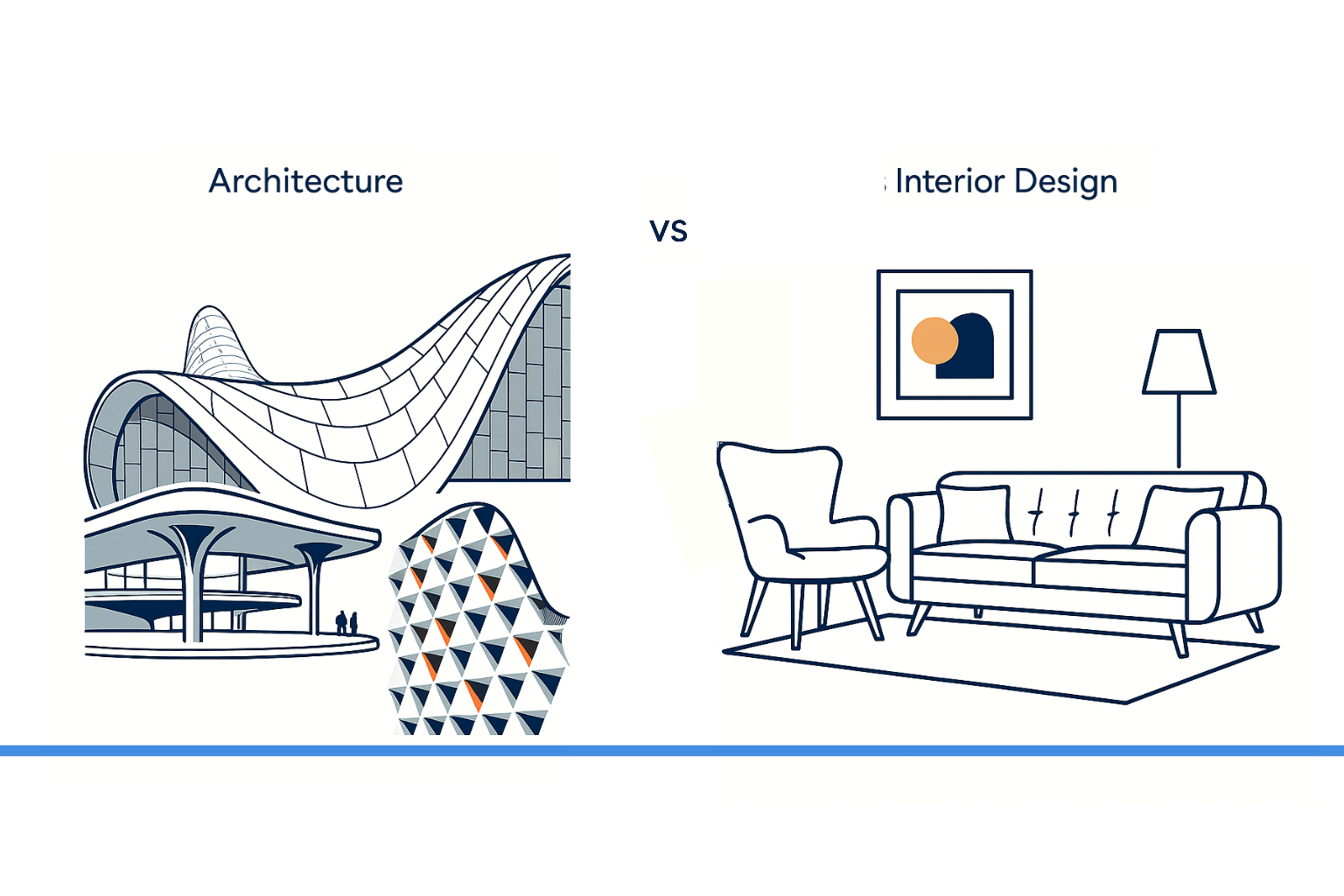 Infographic visually comparing architecture and interior design through balanced layout, subtle colors, and clear distinctions in roles and focus.
