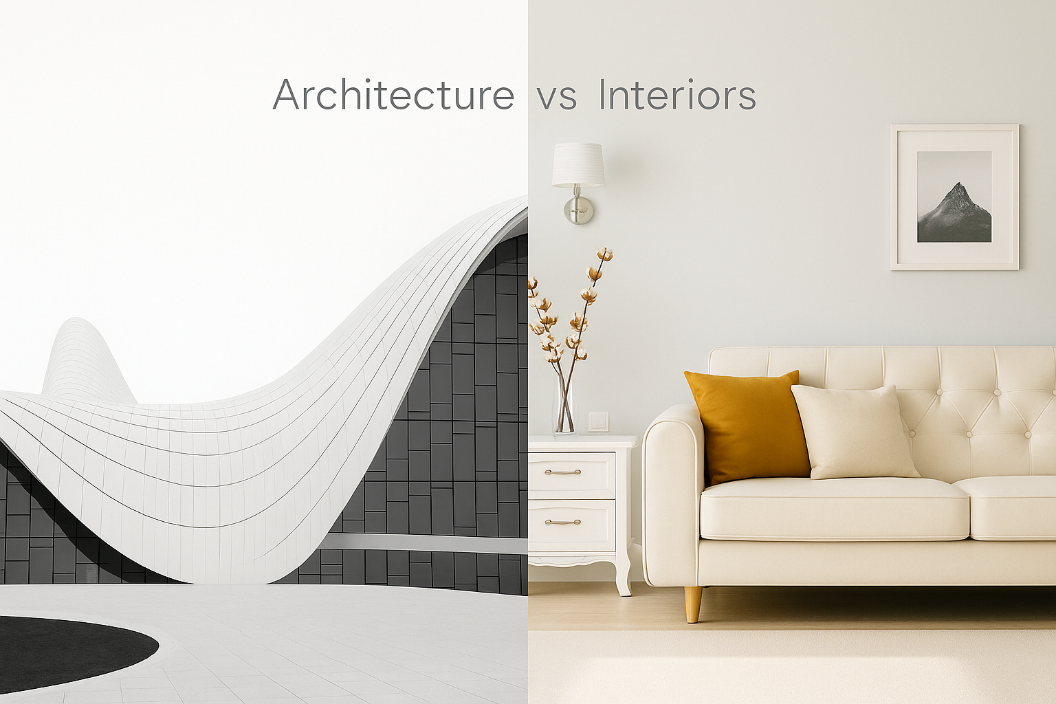 Showing modern building exterior and minimalist interior for architecture vs interiors concept.