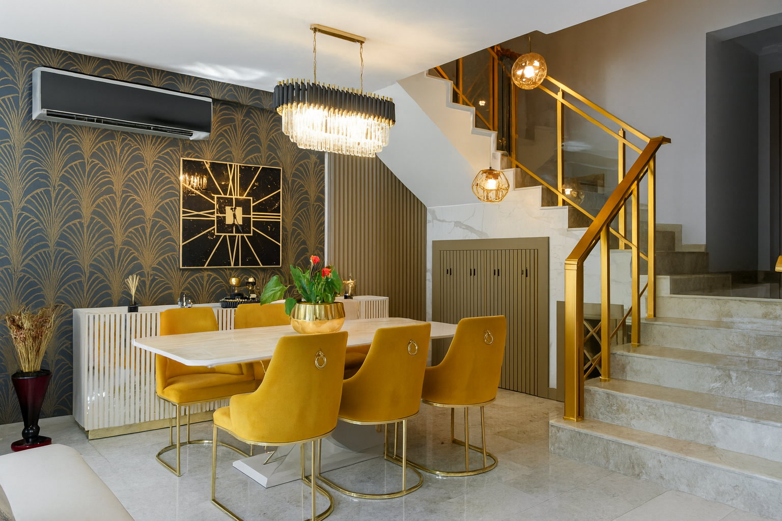 Modern Art Deco dining room with gold patterned wall and mustard velvet chairs.