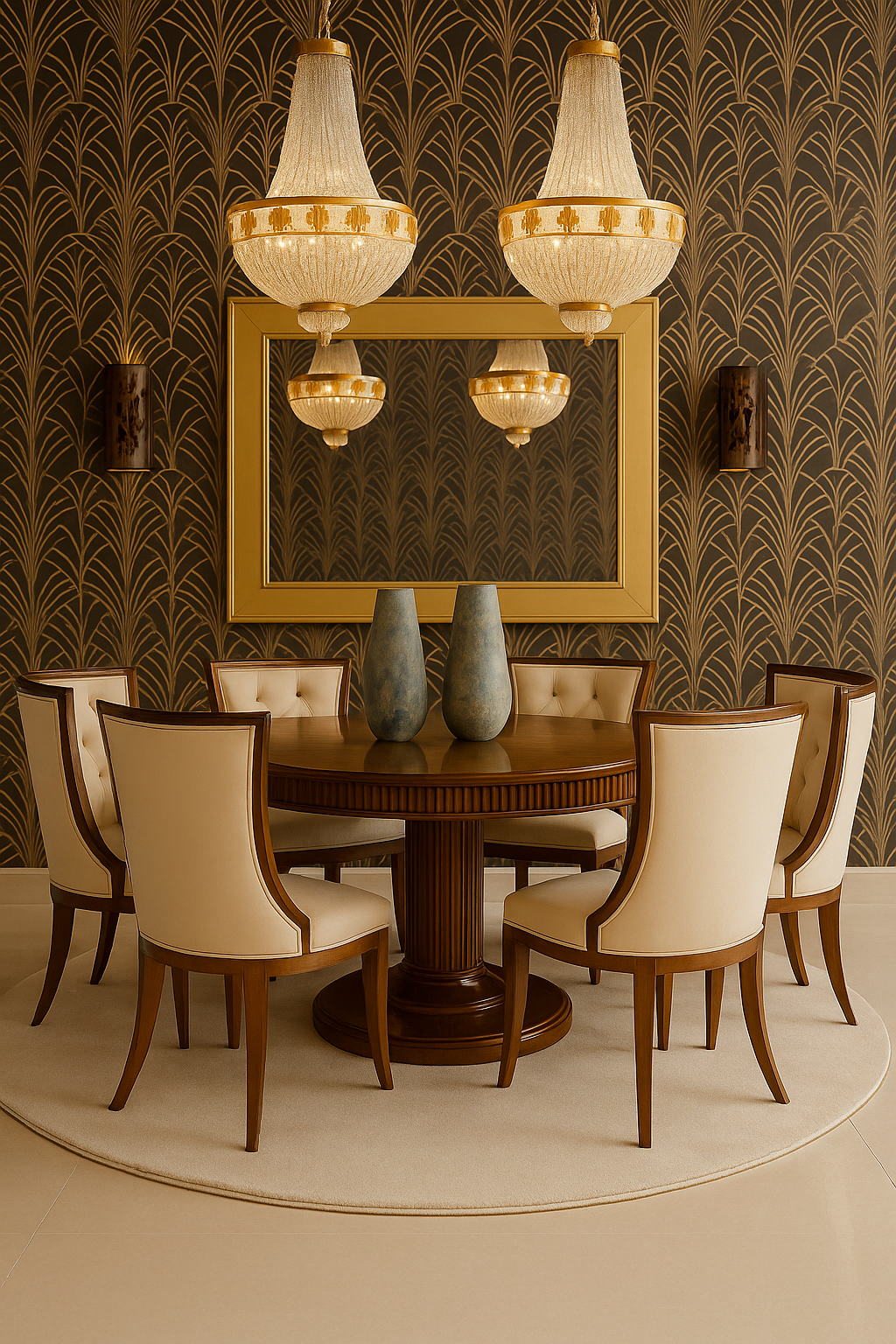 Modern Art Deco dining room with gold geometric patterned wall and chandeliers.