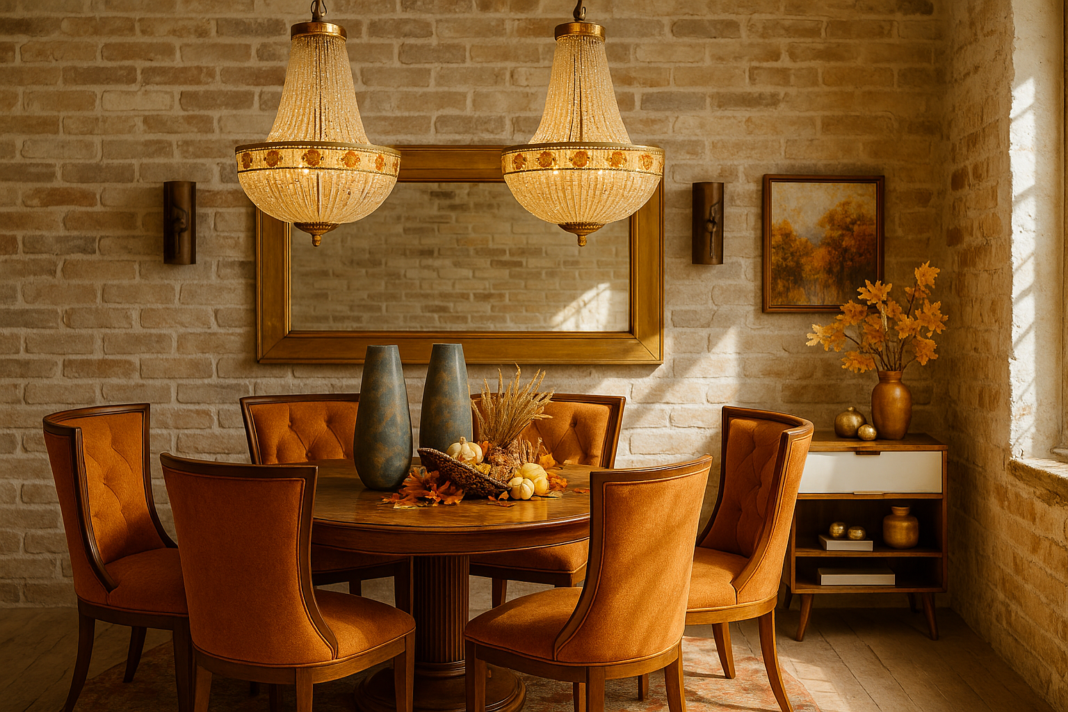 Cozy autumn dining room with natural sunlight, wooden table, and warm seasonal tones.