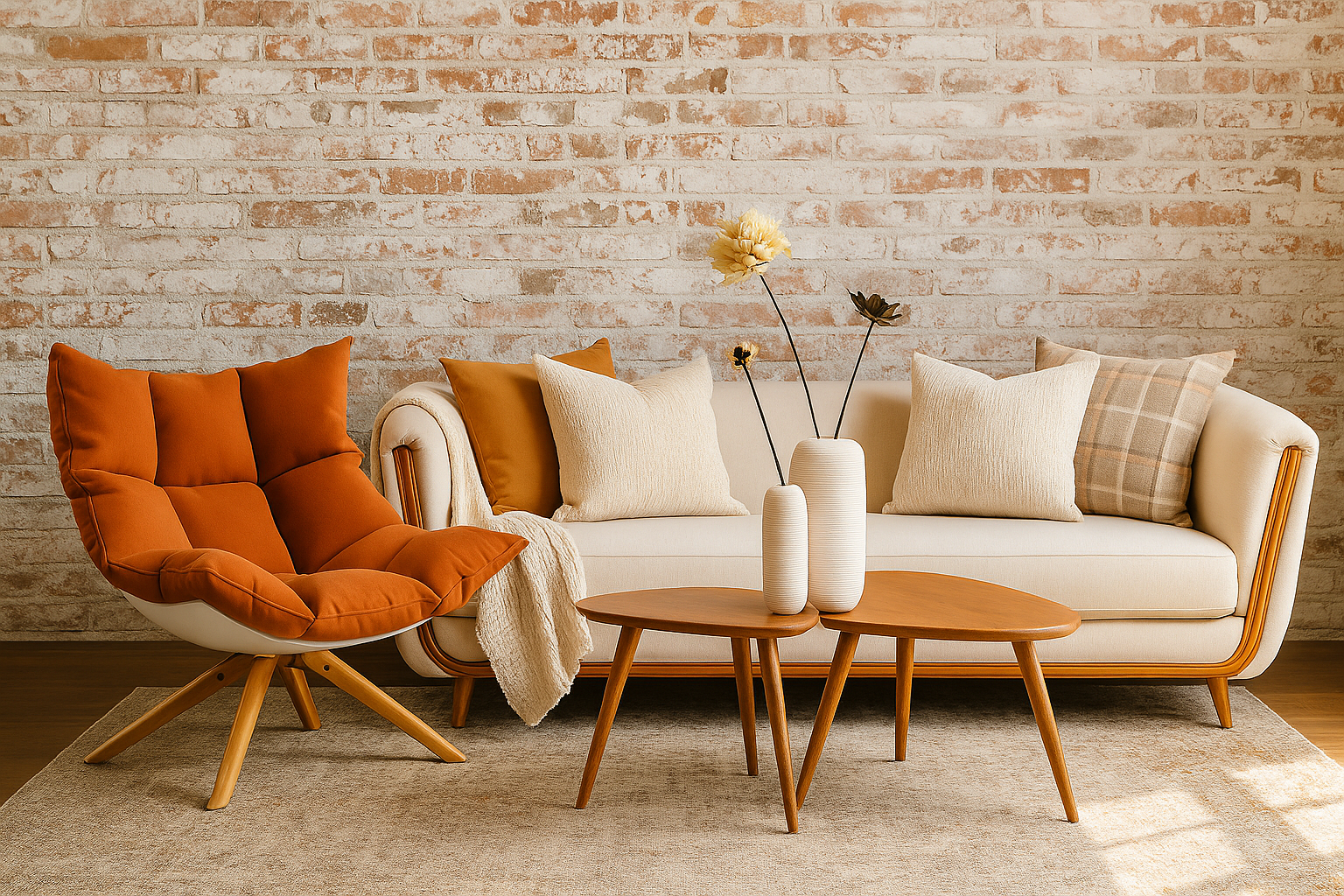 Contemporary living room with autumn-inspired décor, warm tones, and natural textures.