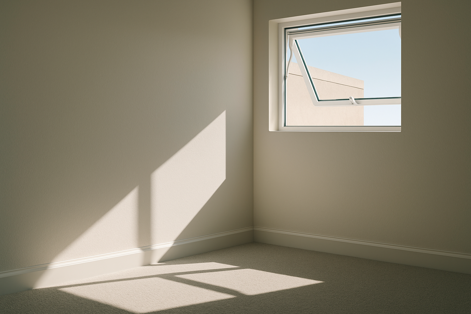 Bright modern interior featuring a top-hinged awning window open outward, allowing light and airflow.