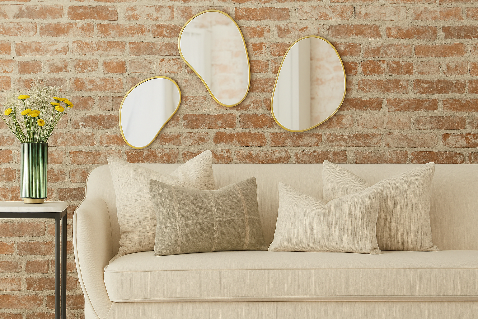 Mismatched modern living room with white sofa and brick wall showing unbalanced decor and awkward mirror placement.