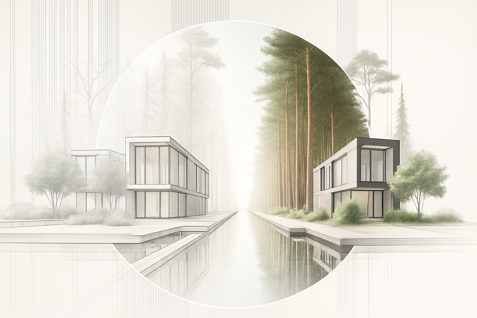 Minimalist architectural composition showing harmony between modern buildings and nature.