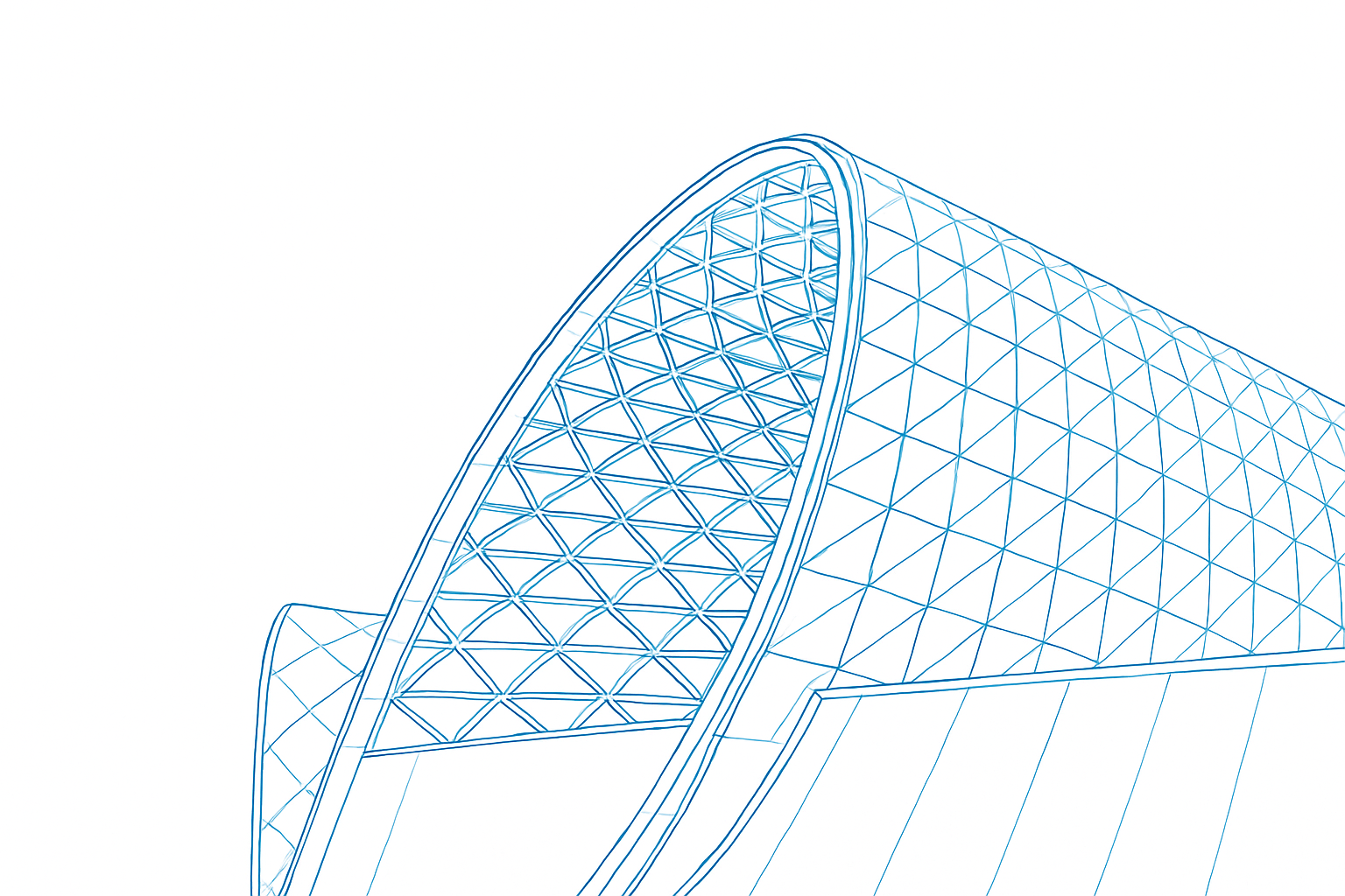 Architectural drawing of a modern curved glass and steel structure with a sweeping roof and triangular grid, illustrating balance in design.