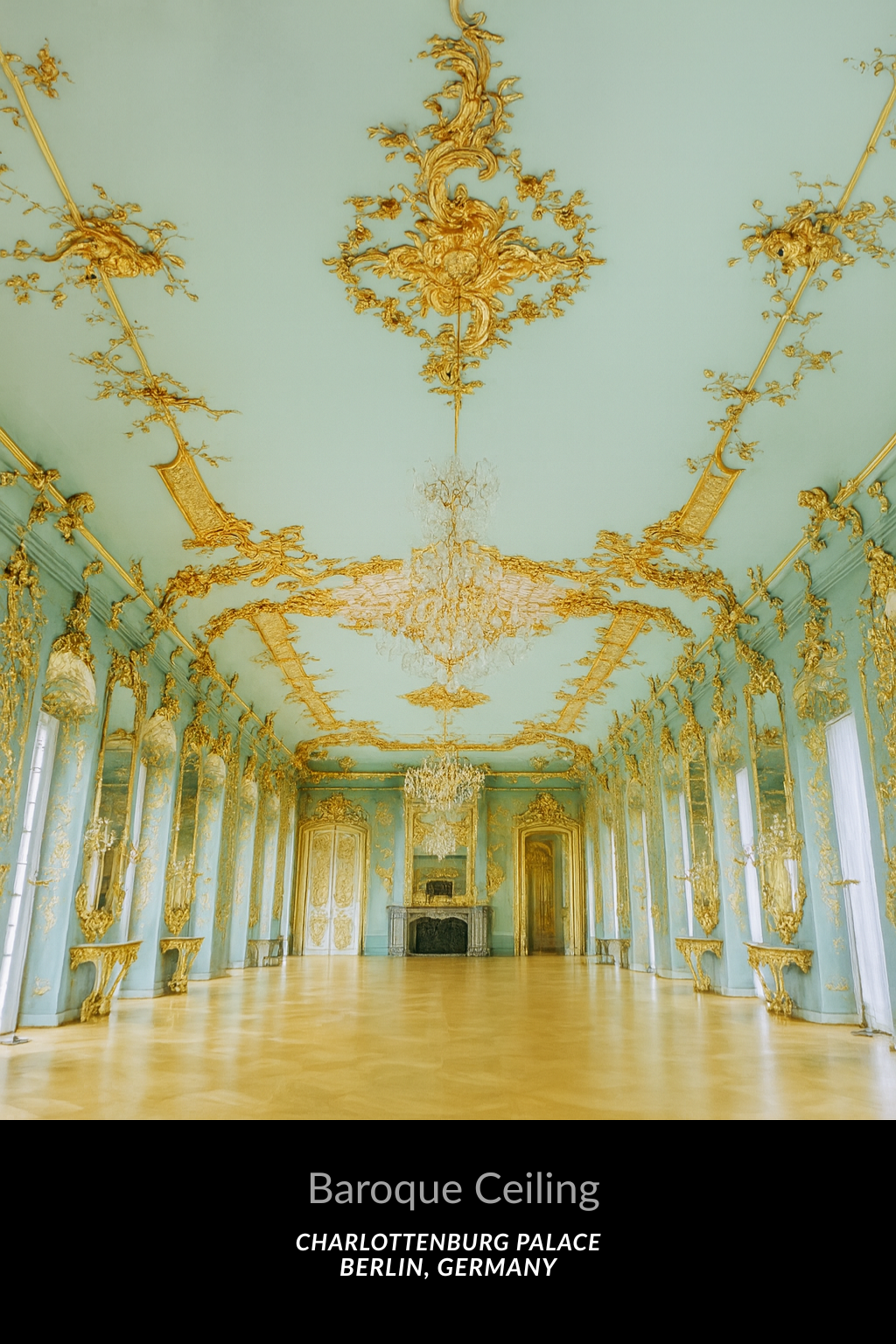 Baroque ceiling at Charlottenburg Palace in Berlin with ornate gold detailing and chandeliers.