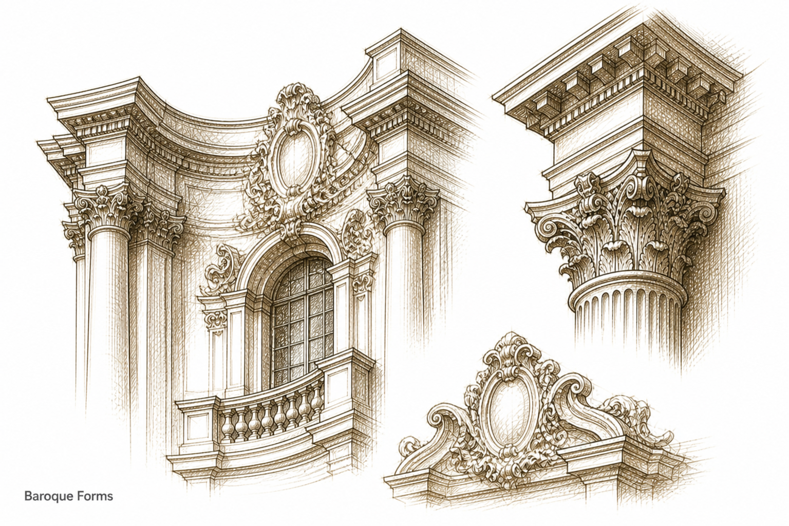Baroque architectural sketch showing curved facades, Corinthian columns, deep cornices, and ornate plaster details.