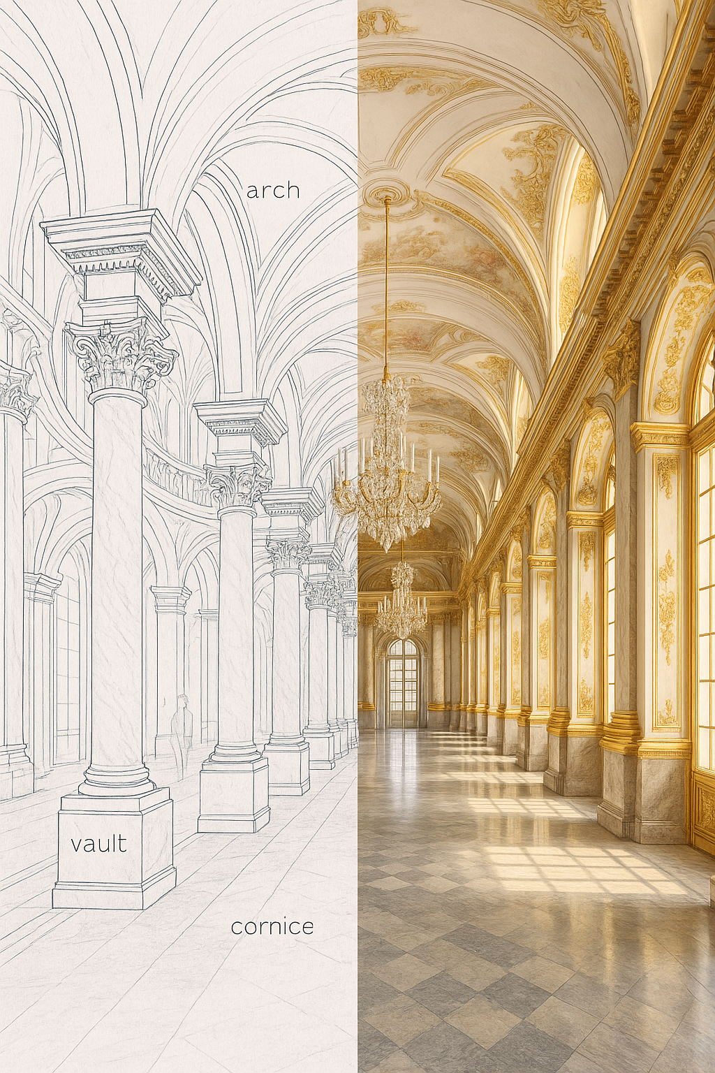 Half-sketch half-real Baroque palace interior with vaults, arches, Corinthian columns, and morning light.