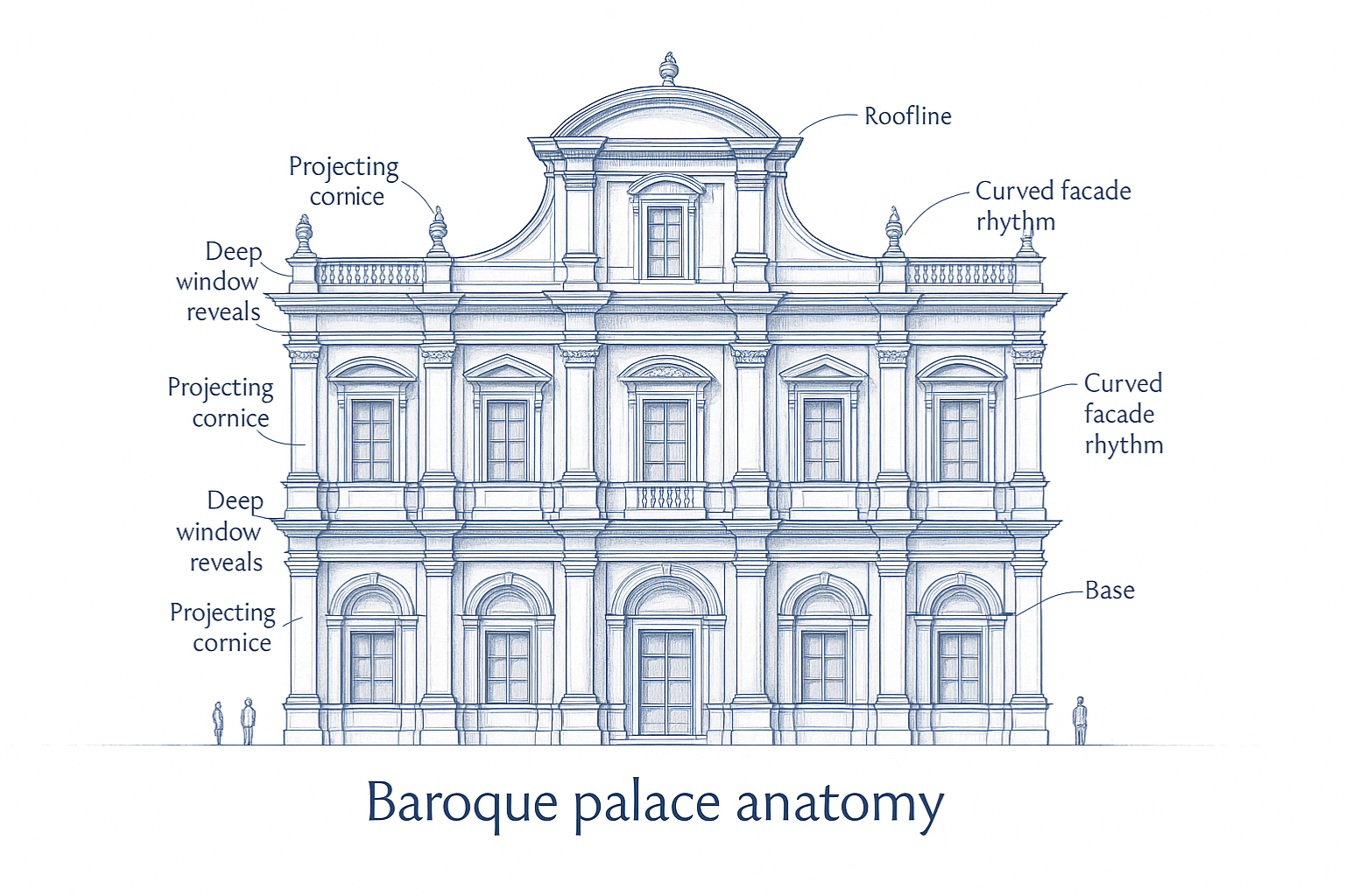 Architectural anatomy of a Baroque palace façade with labeled roofline, cornice, and curved façade.