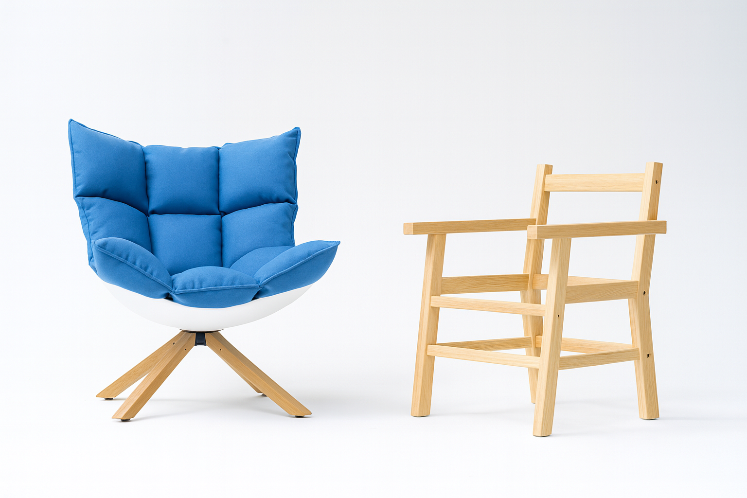Showing a contemporary blue chair next to a bare wooden chair frame, symbolizing the process of furniture design and craftsmanship.